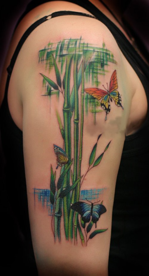 Awesome Colored Bamboo Tree Tattoo On Right Half Sleeve